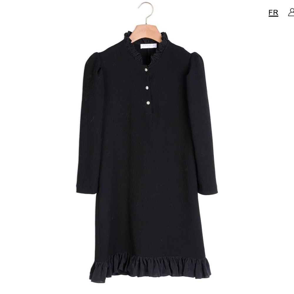 SANDRO – Short waffle dress with ruffles, jewel button closure –Black – XS